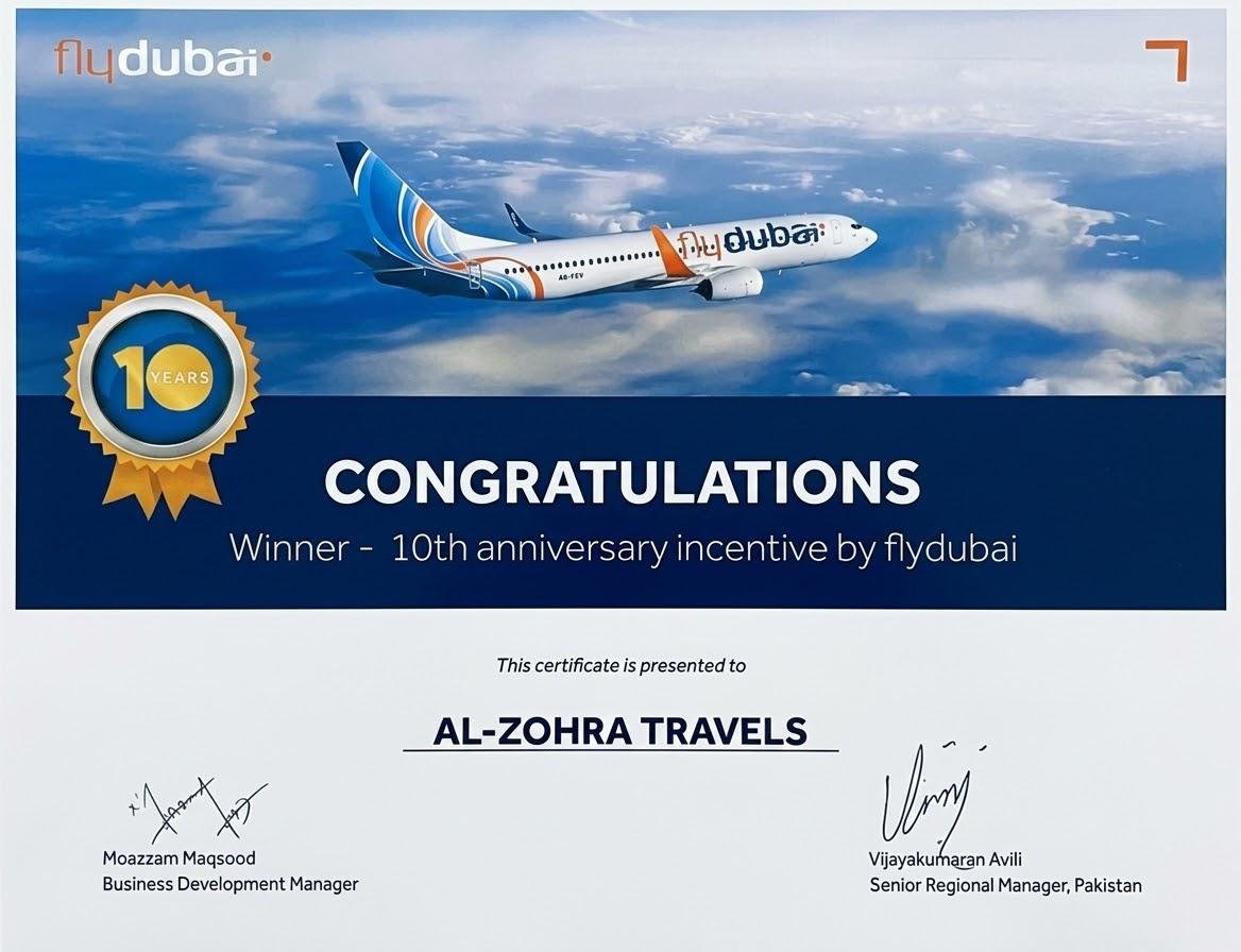 flydubai, winner of the 10th anniversary incentive, presented to Al-Zohra Travels