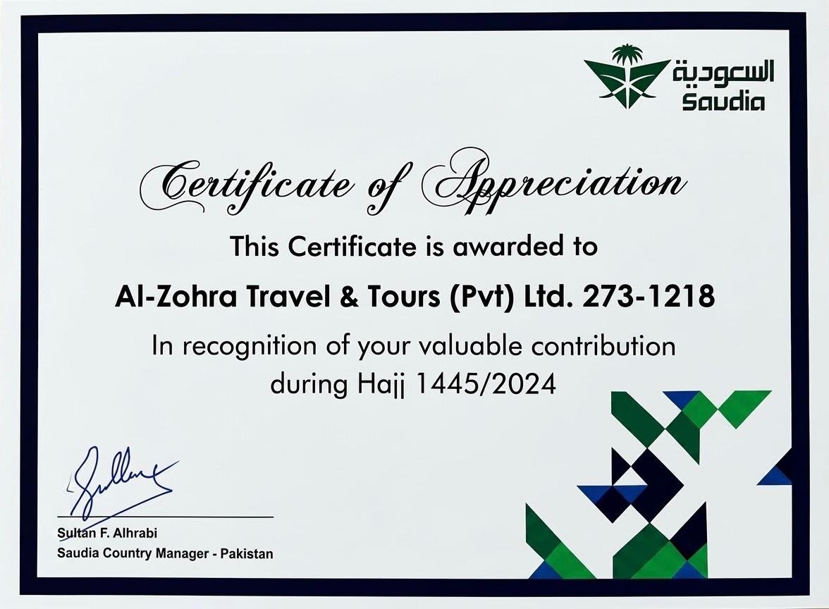 Saudia Certificate of Appreciation awarded to Al-Zohra Travel & Tours (Pvt) Ltd for its contribution during Hajj 1445 / 2024