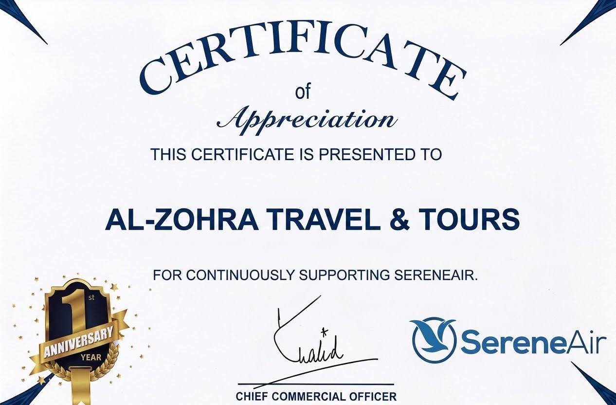 SereneAir, Certificate of Appreciation presented to AL-ZOHRA TRAVEL & TOURS for continuously supporting SereneAir